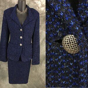 BEAUTIFUL St John knit blue black jacket skirt suit size 6 8